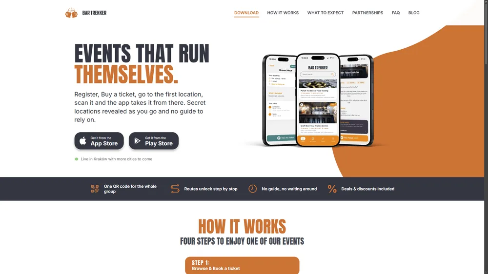 Bartrekker app landing page — download hero